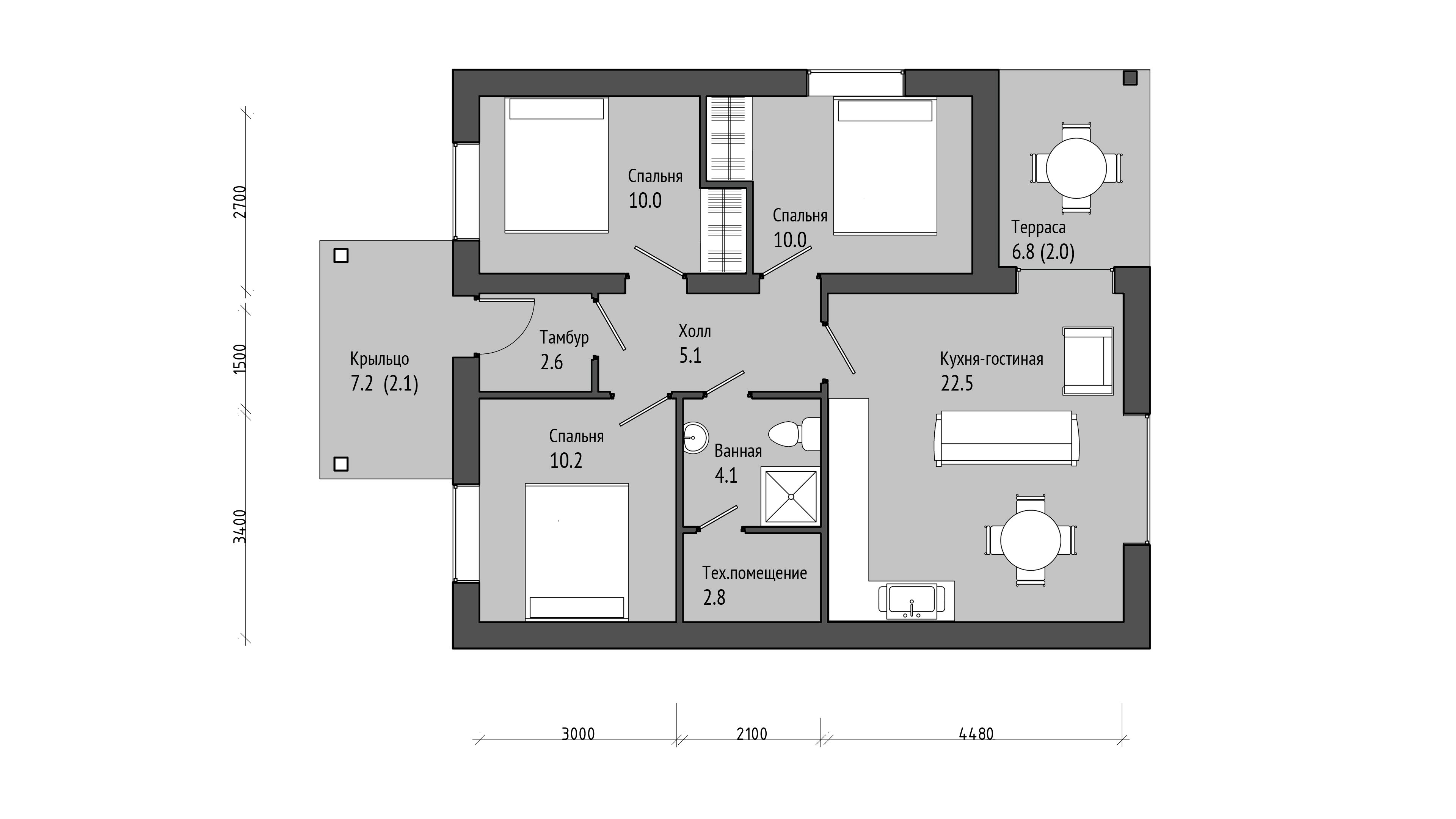 Одноэтажный Дом С 3 Спальнями